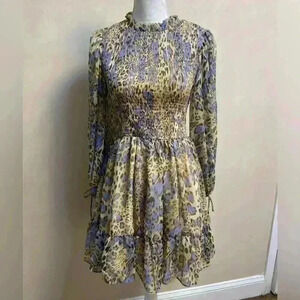 Indikah‎ by Angel Biba dress midi leopard print chiffon smocked A line.Small NWT